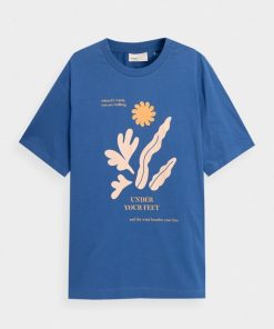 Mezczyzna OUTHORN Z Krotkim Rekawem | T-Shirt Oversize Z Nadrukiem Meski - Niebieski