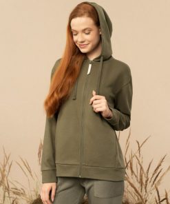 Kobieta OUTHORN Bluzy Z Kapturem | Bluza Rozpinana Z Kapturem Damska - Oliwkowa/Khaki