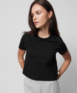 Kobieta OUTHORN Topy | T-Shirt Crop Gladki Damski - Czarny