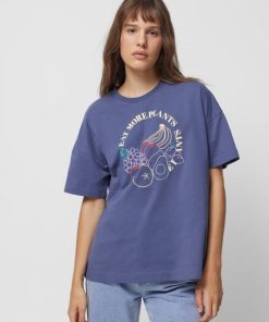 Kobieta OUTHORN Koszulki Oversize | T-Shirt Oversize Z Nadrukiem Damski - Denim