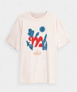 Mezczyzna OUTHORN Z Krotkim Rekawem | T-Shirt Oversize Z Nadrukiem Meski - Kremowy