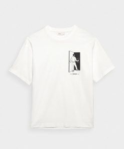 Mezczyzna OUTHORN Z Krotkim Rekawem | T-Shirt Oversize Z Nadrukiem Meski - Zlamana Biel