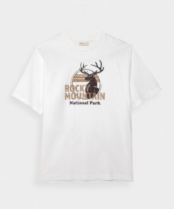 Mezczyzna OUTHORN Z Krotkim Rekawem | T-Shirt Oversize Z Nadrukiem Meski - Zlamana Biel